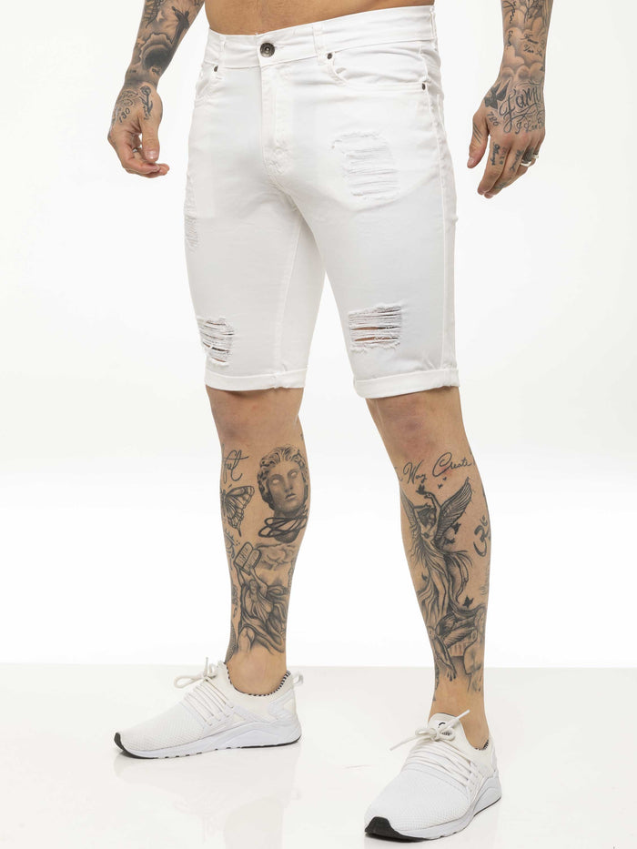 enzo jeans Theo Stretch Rip Denim Shorts - White