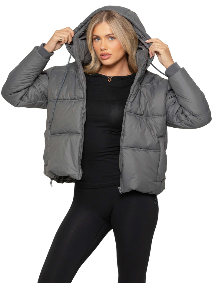 Enzo Jeans Women's Hooded Puffer Coat - Grey