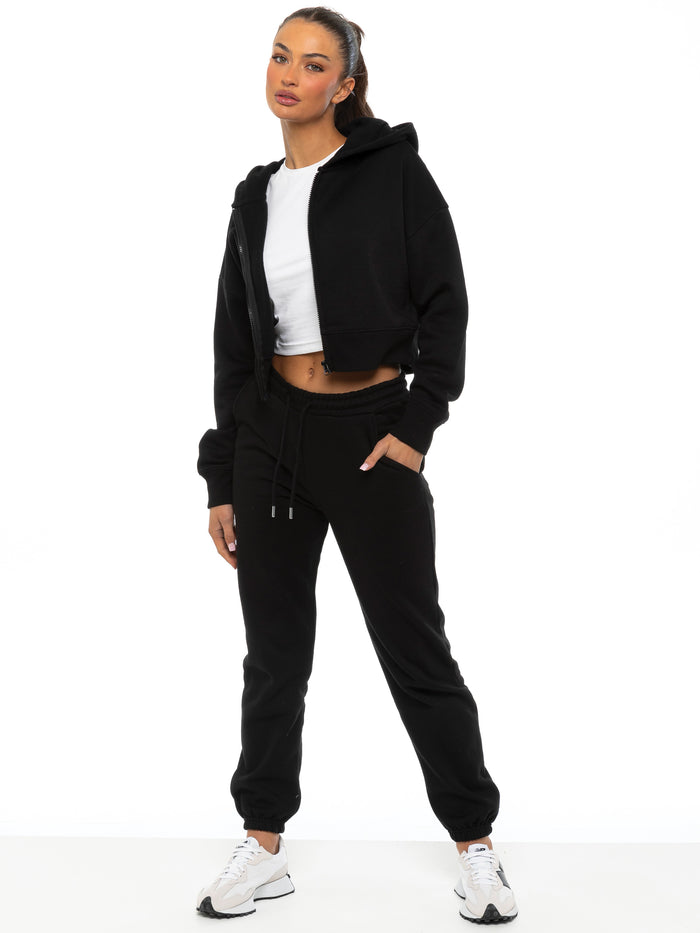 Enzo Jeans Zip Crop Hoodie And Jogger Set - Black