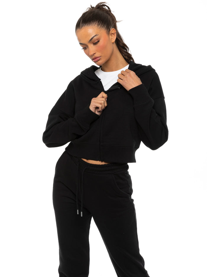 Enzo Jeans Zip Crop Hoodie And Jogger Set - Black