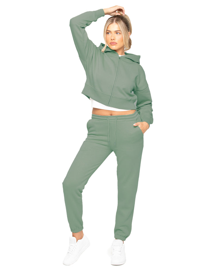 enzo jeans Zip Crop Hoodie and Jogger Set - Khaki