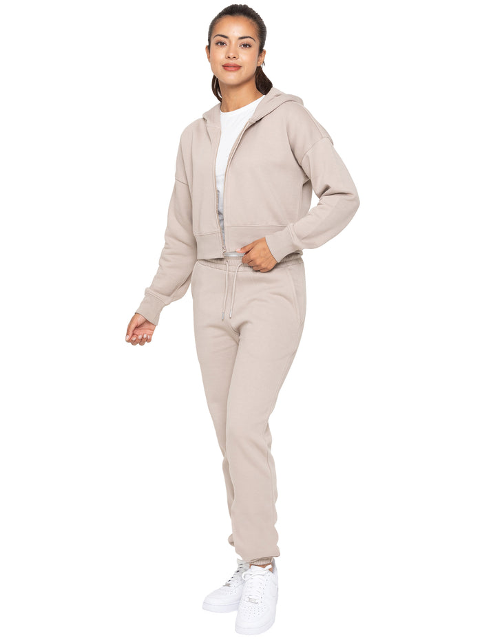 Enzo Jeans Zip Crop Hoodie And Jogger Set - Oatmeal