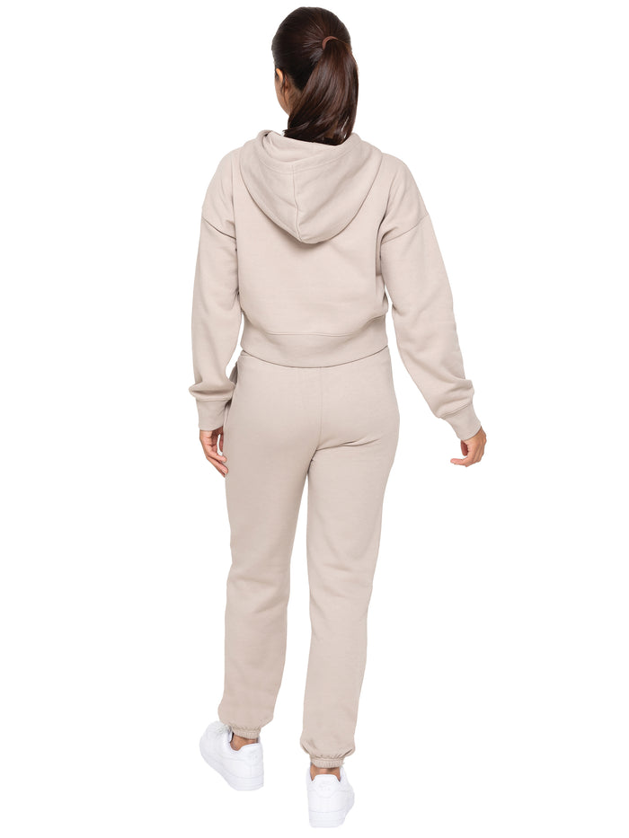 Enzo Jeans Zip Crop Hoodie And Jogger Set - Oatmeal