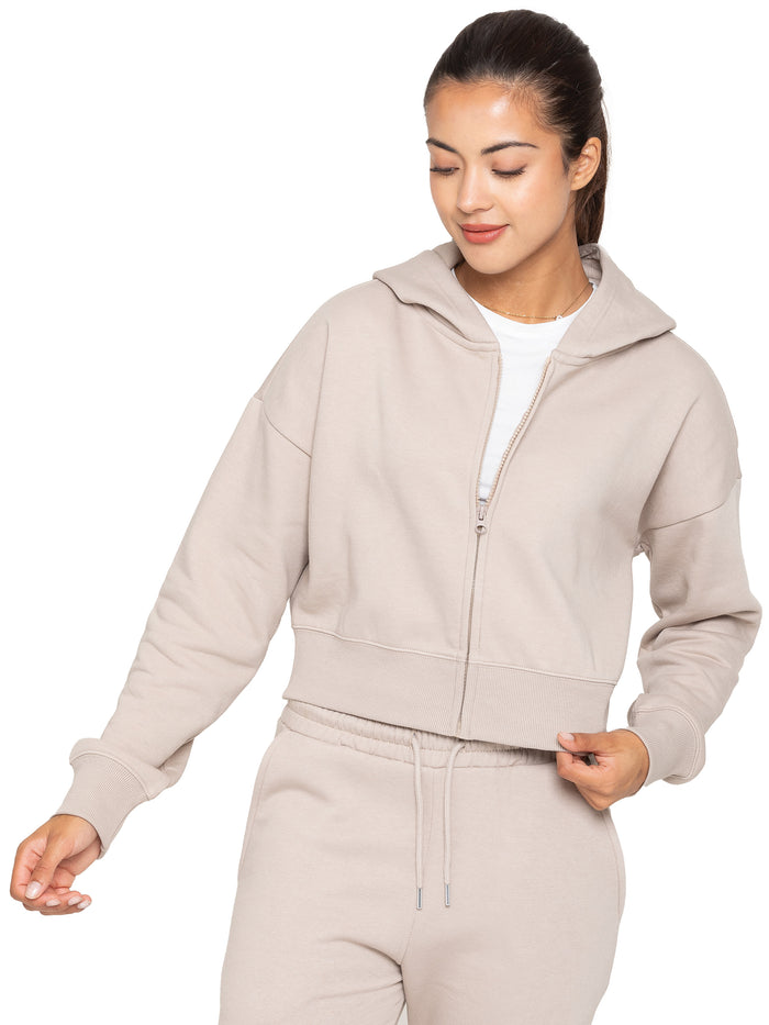 Enzo Jeans Zip Crop Hoodie And Jogger Set - Oatmeal