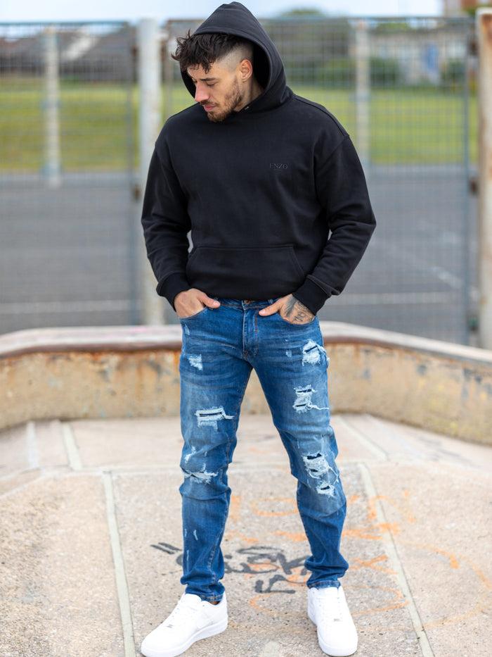 Enzo Jeans Gabriel Straight Ripped Jeans - Light Blue