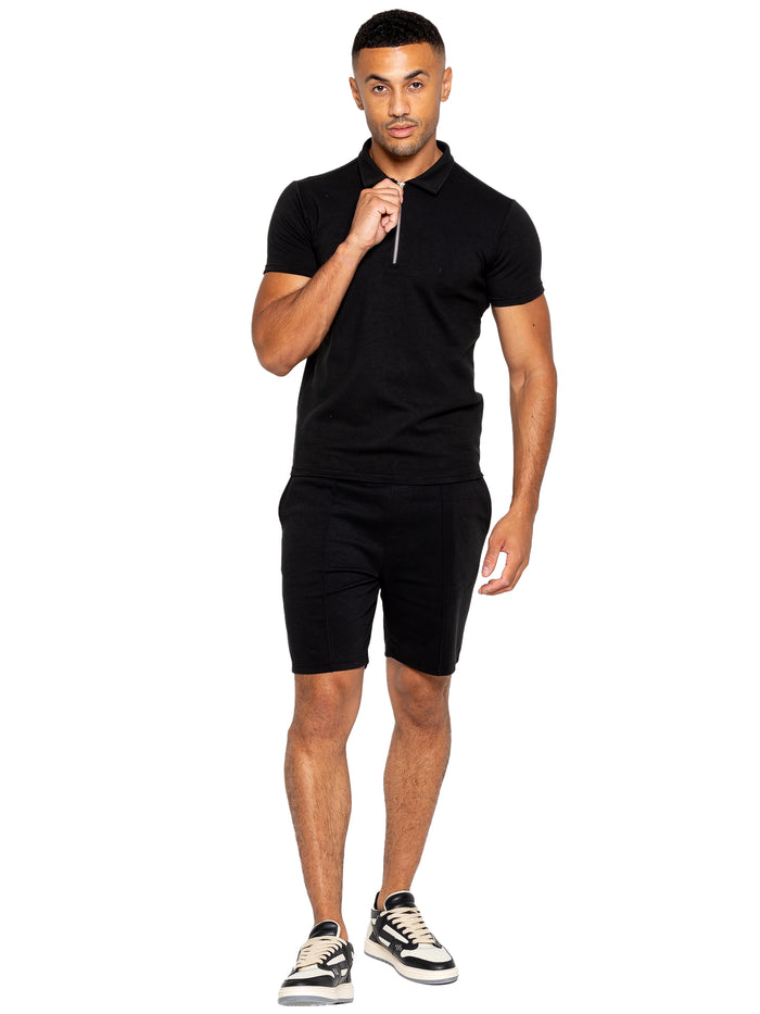 Enzo Jeans Karson Cotton Zip Polo Shirt And Shorts Set - Black