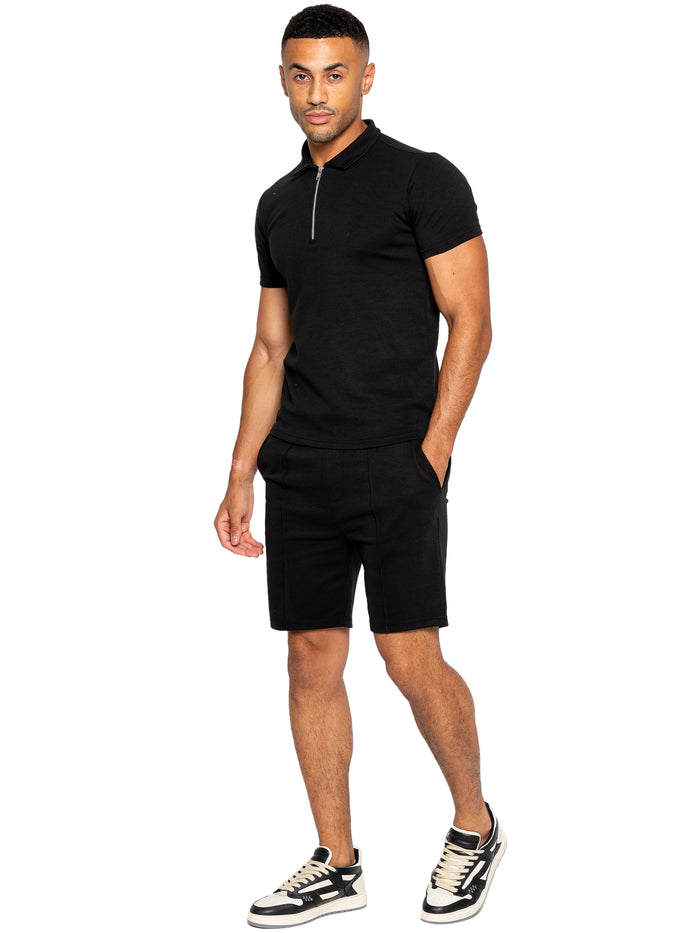 enzo jeans Karson Cotton Zip Polo Shirt and Shorts Set - Black