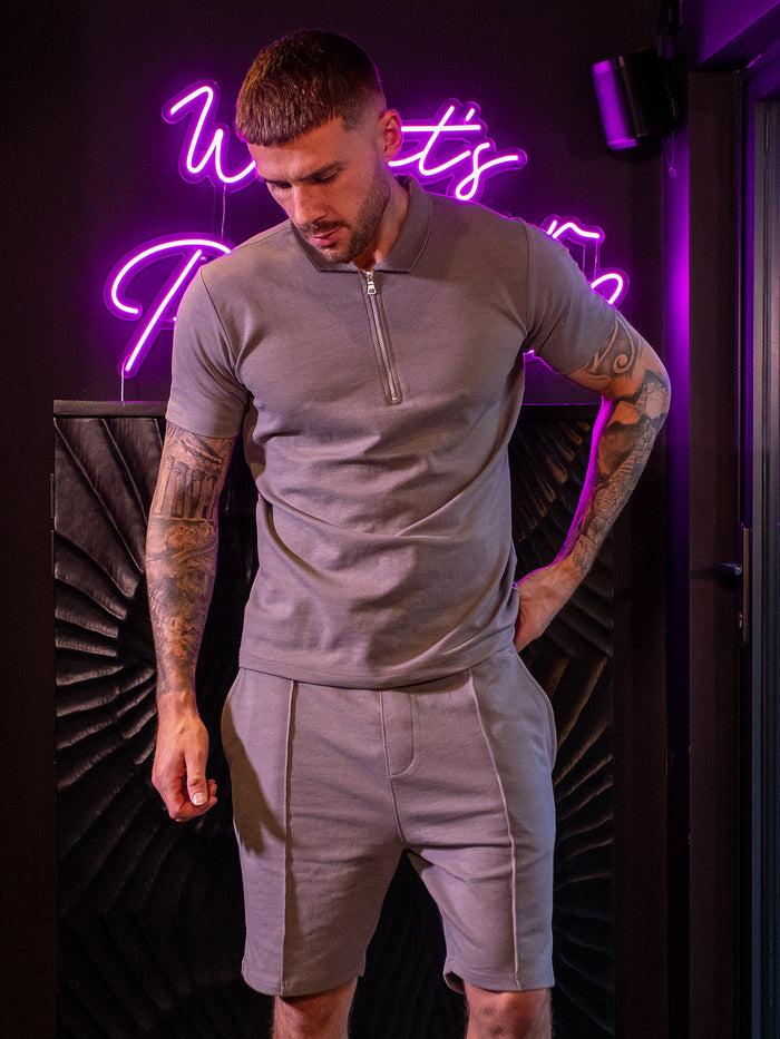 Enzo Jeans Karson Cotton Zip Polo Shirt And Shorts Set - Grey