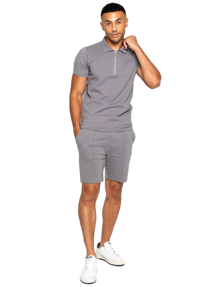 enzo jeans Karson Cotton Zip Polo Shirt and Shorts Set - Grey