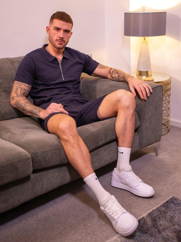 Enzo Jeans Karson Cotton Zip Polo Shirt And Shorts Set - Navy