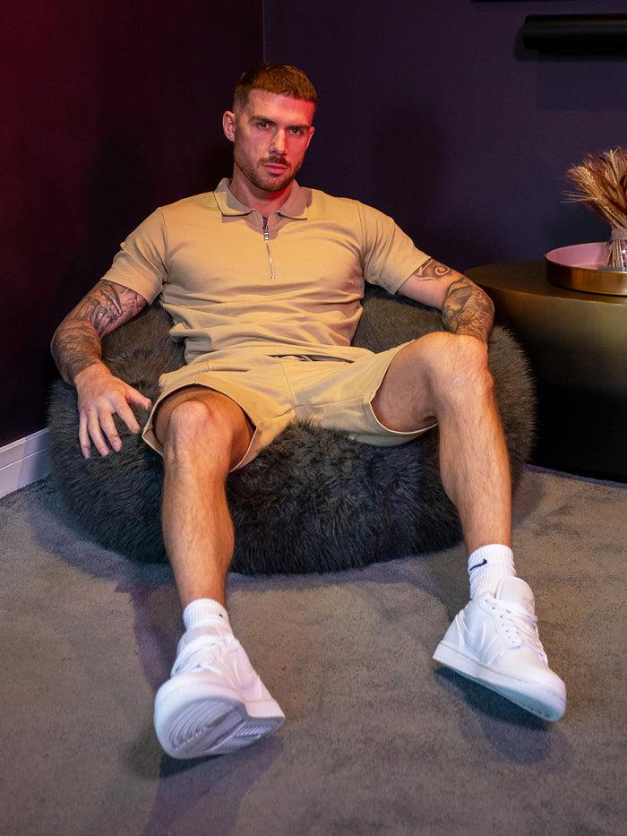 Enzo Jeans Karson Cotton Zip Polo Shirt And Shorts Set - Stone