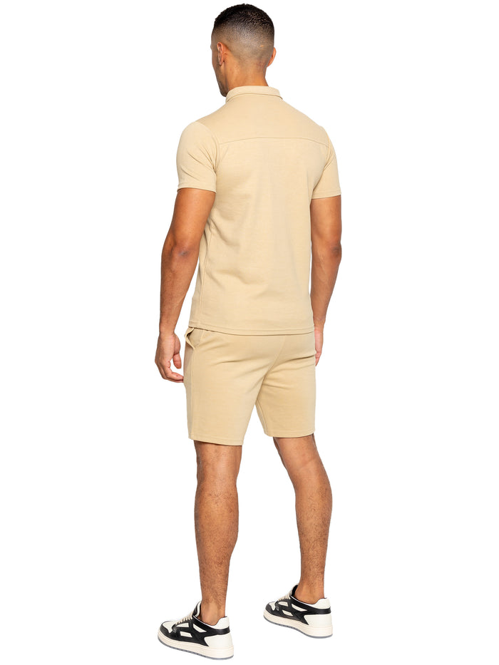 Enzo Jeans Karson Cotton Zip Polo Shirt And Shorts Set - Stone