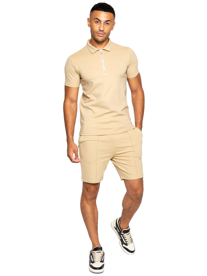 enzo jeans Karson Cotton Zip Polo Shirt and Shorts Set - Stone
