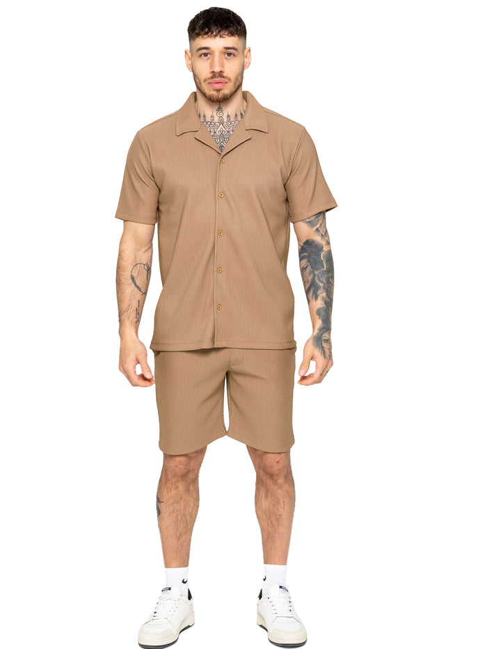 Enzo Jeans Matteo Pleated Shirt And Shorts Set - Beige