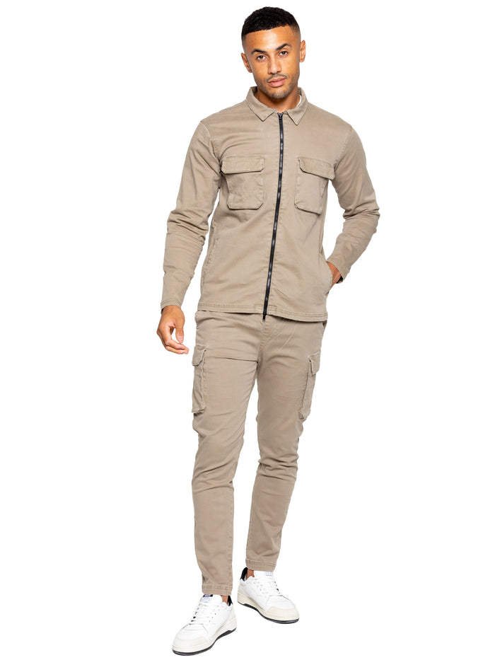 Enzo Jeans Nova Dye Cargo Jacket And Pants Set - Beige