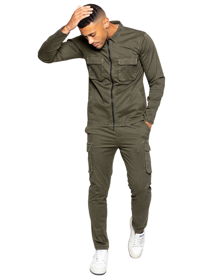 Enzo Jeans Nova Dye Cargo Jacket And Pants Set - Khaki