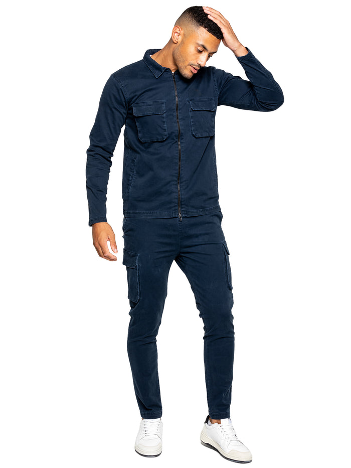 Enzo Jeans Nova Dye Cargo Jacket And Pants Set - Navy