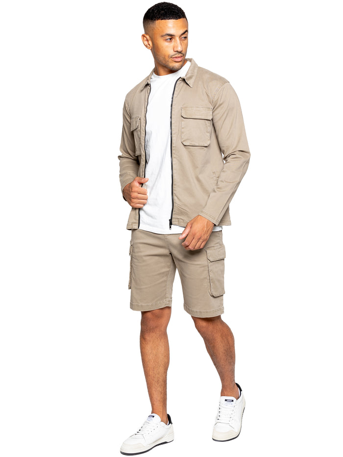 Enzo Jeans Nova Dye Cargo Jacket And Shorts Set - Beige