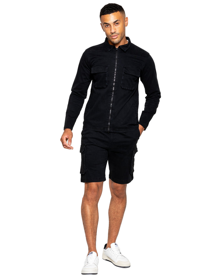 Enzo Jeans Nova Dye Cargo Jacket And Shorts Set - Black
