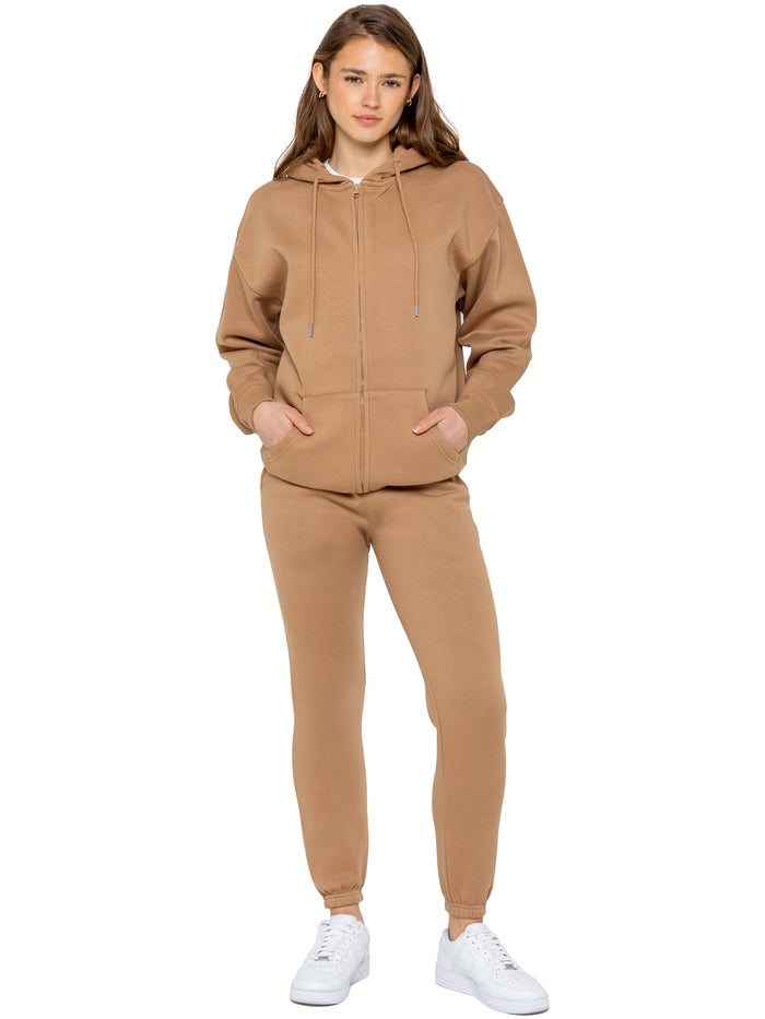 Enzo Jeans Oversized Zip Hoodie And Jogger Set - Camel