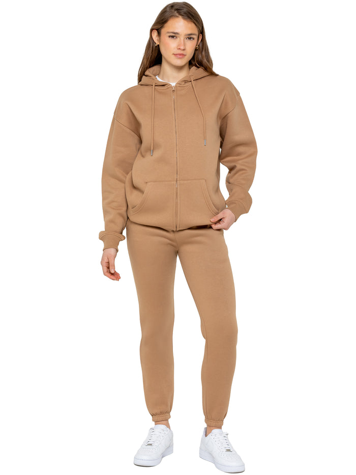 Enzo Jeans Oversized Zip Hoodie And Jogger Set - Camel