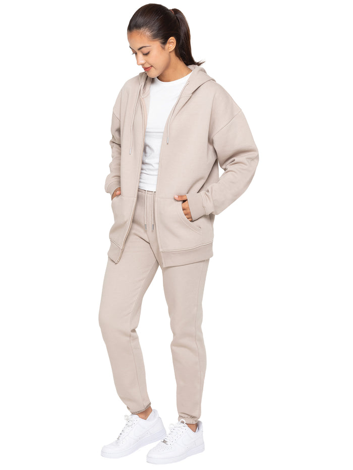 Enzo Jeans Oversized Zip Hoodie And Jogger Set - Oatmeal