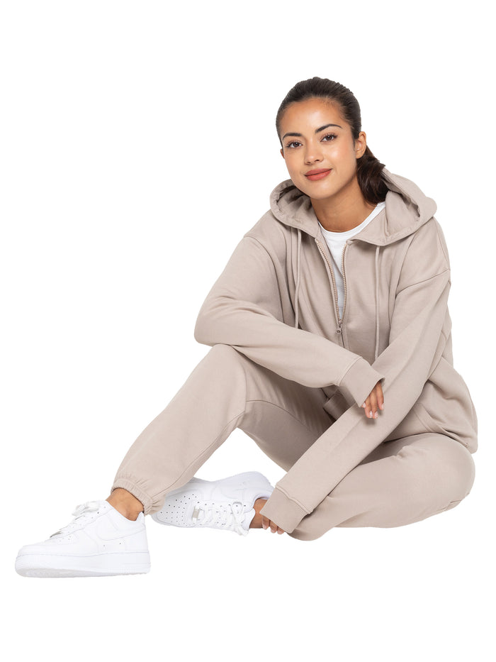 enzo jeans Oversized Zip Hoodie and Jogger Set - Oatmeal