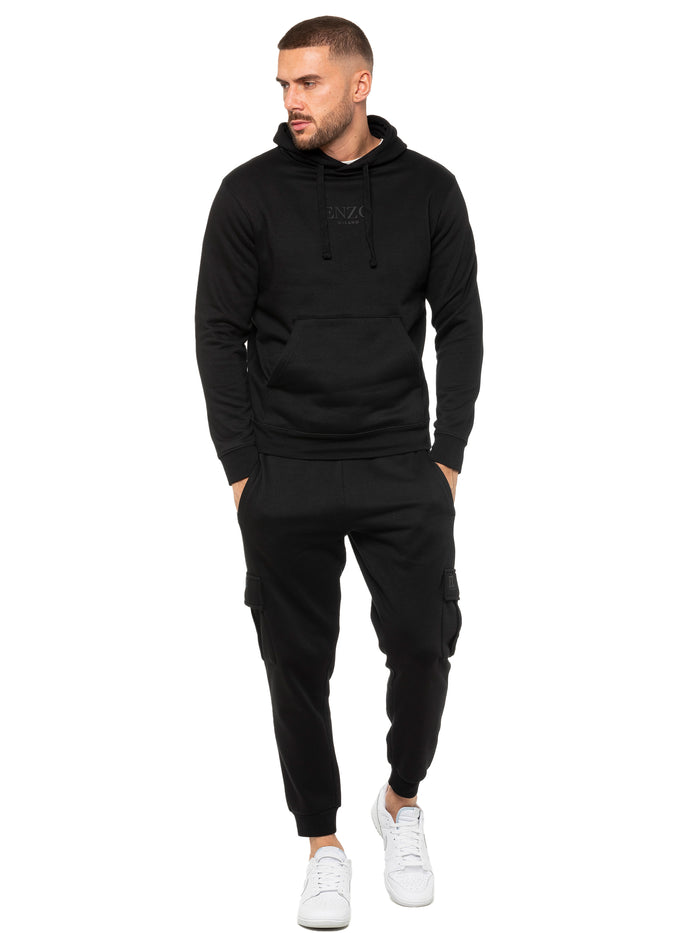enzo jeans Pullover Hoodie and Cargo Joggers Set - Black