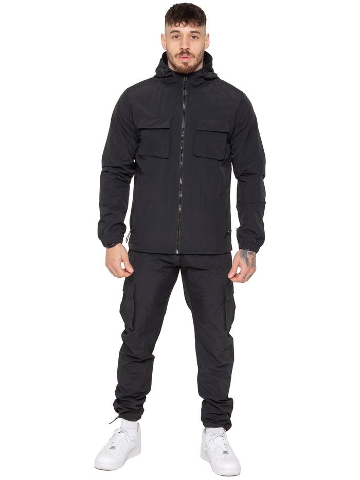 Enzo Jeans Samuele Crinkle Jacket And Cargo Pants Set - Black