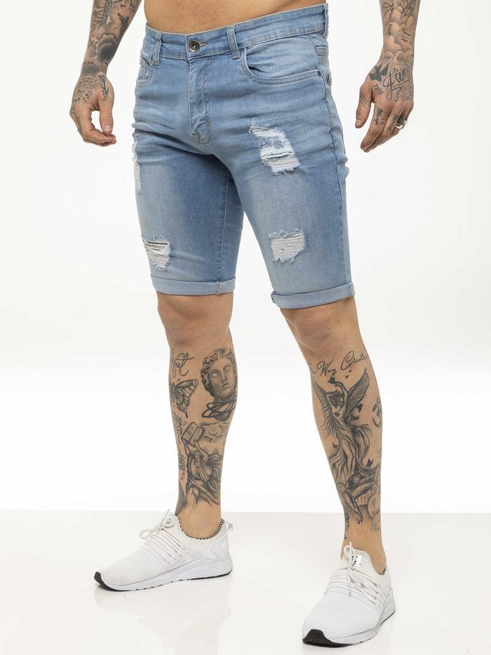 Enzo Jeans Theo Stretch Rip Denim Shorts - Light Blue