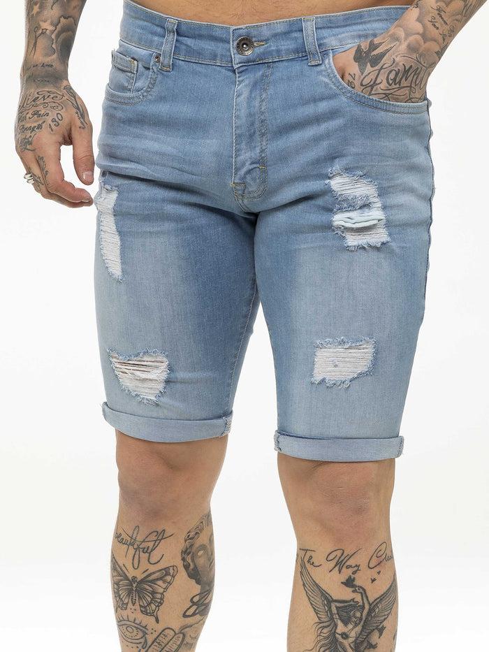 enzo jeans Theo Stretch Rip Denim Shorts - Light Blue