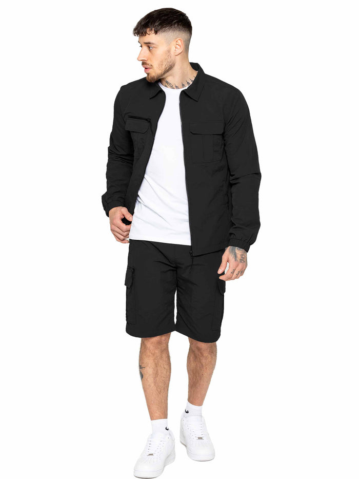 Enzo Jeans Tiago Crinkle Utility Cargo Shorts - Black