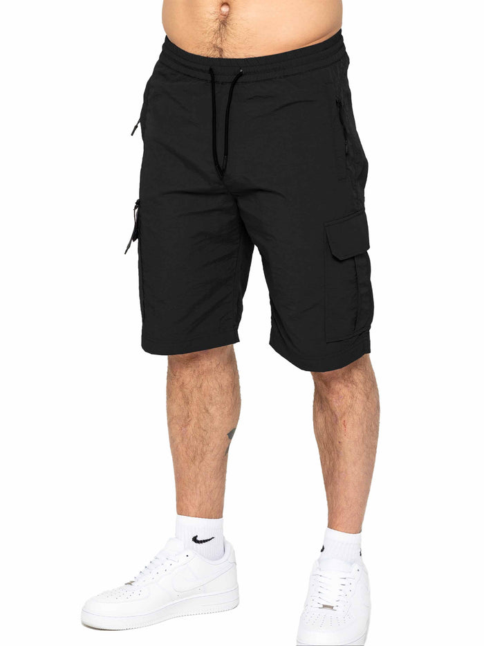 Enzo Jeans Tiago Crinkle Utility Cargo Shorts - Black