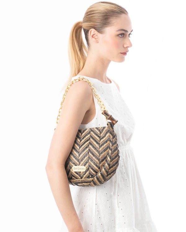 Eric Javits Chain Pouch Raffia Black Mix