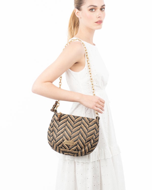 Eric Javits Chain Pouch Raffia Black Mix