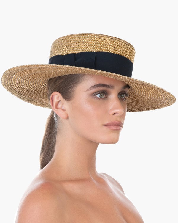 Eric Javits Gondolier Boater Hat Gold/Black Gold/Black
