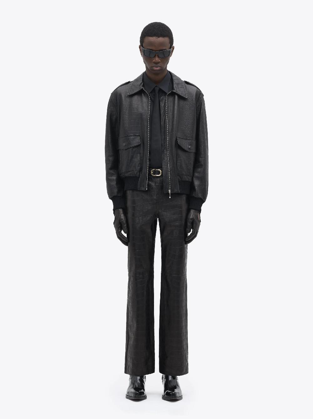 Ernest W. Baker LEATHER FLARE TROUSERS - BLACK EMBOSSED CROCODILE