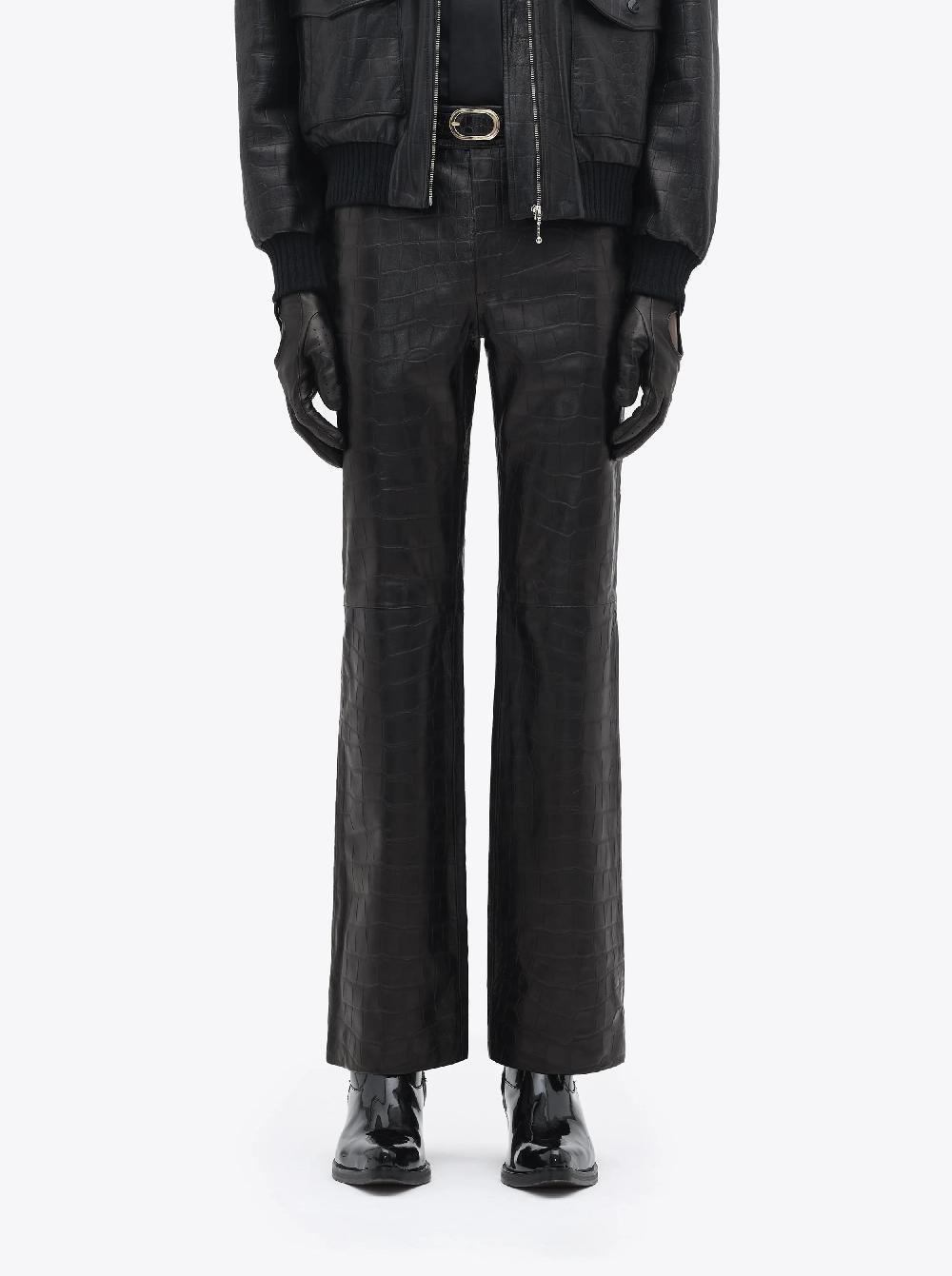 Ernest W. Baker LEATHER FLARE TROUSERS - BLACK EMBOSSED CROCODILE