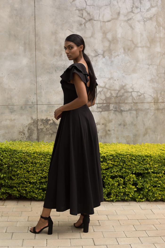 Erre Black Flutter Sleeve Fit And Flare Dress - Ankle Length