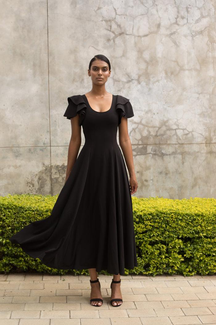 erre Black Flutter Sleeve Fit and Flare Dress - Ankle Length
