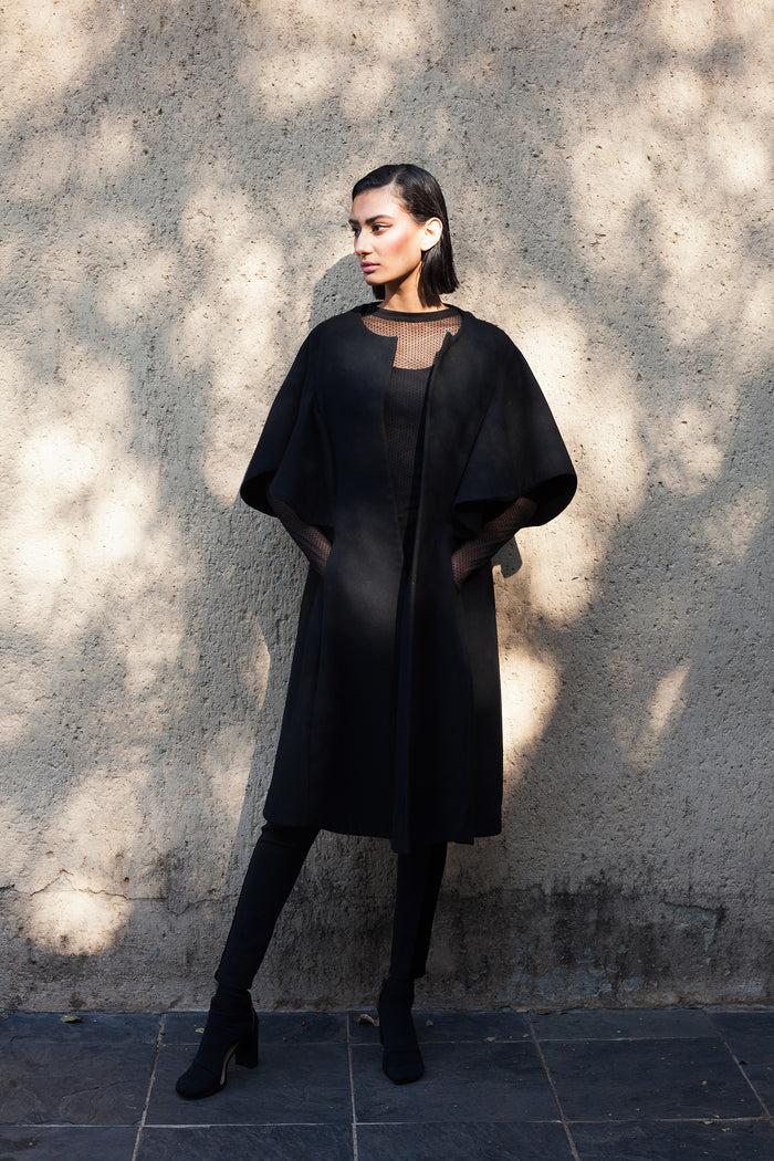 erre Black Wool Cape Sleeve Coat
