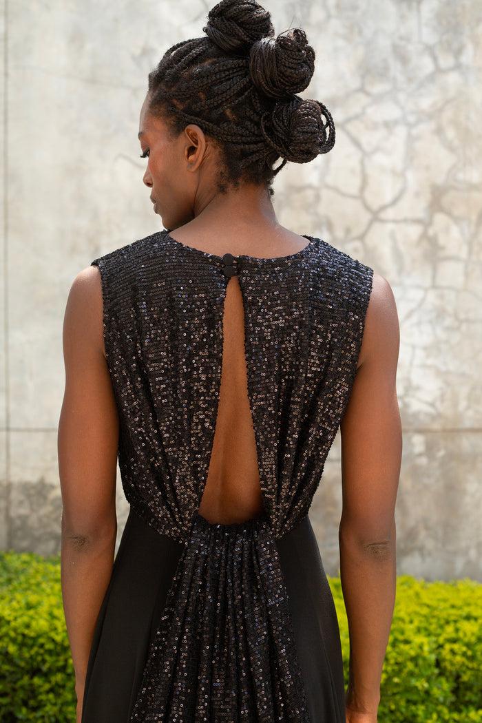 Erre Drape Sequin Evening Dress - Black