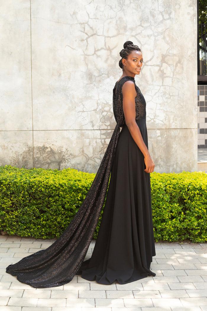 Erre Drape Sequin Evening Dress - Black