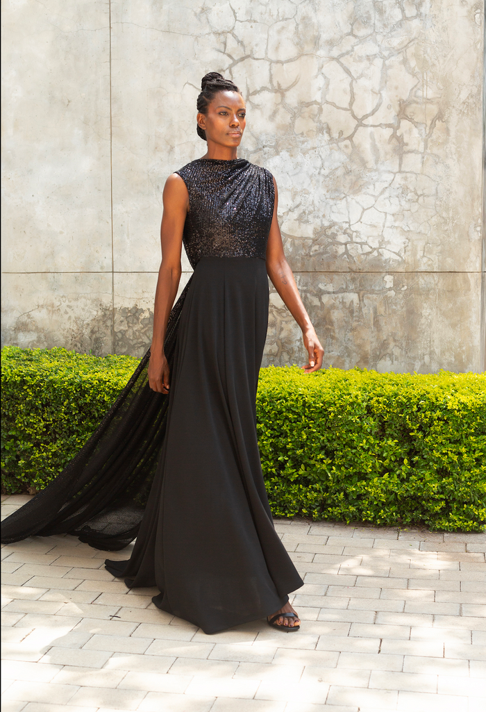 erre Drape Sequin Evening Dress - Black
