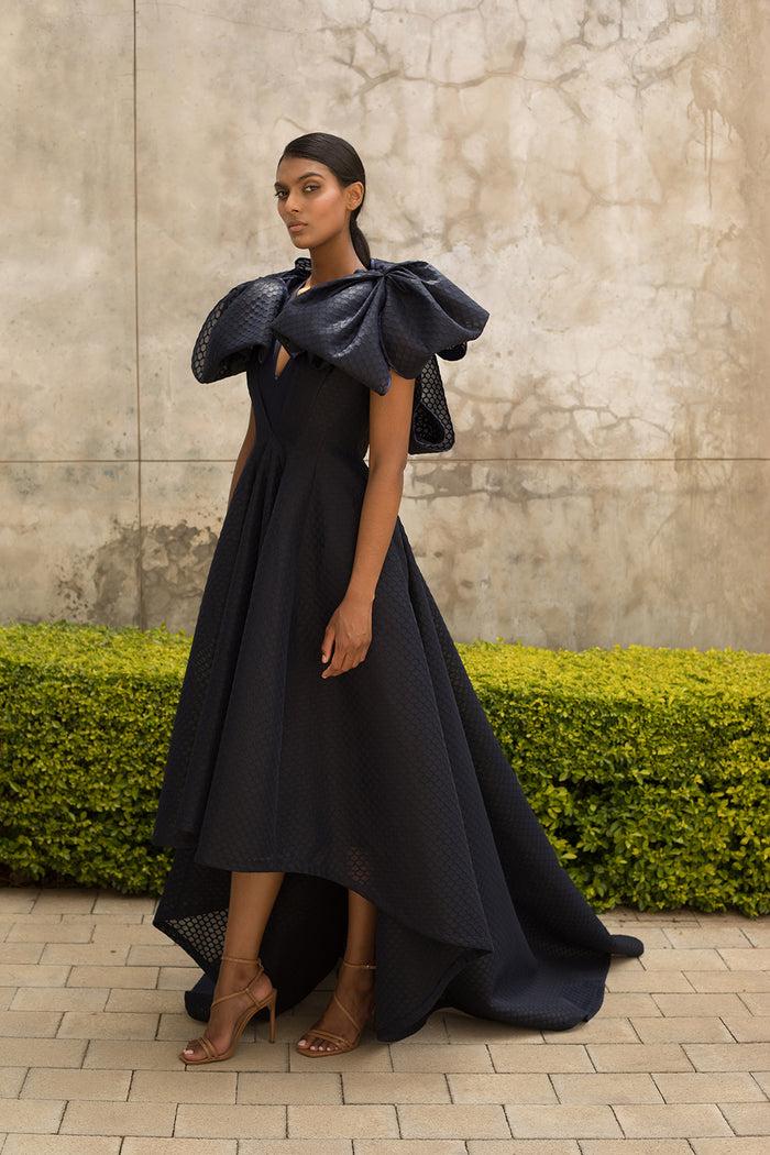 Erre Navy Double Bow Fit And Flare Dress