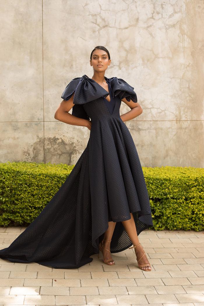 erre Navy Double Bow Fit and Flare Dress