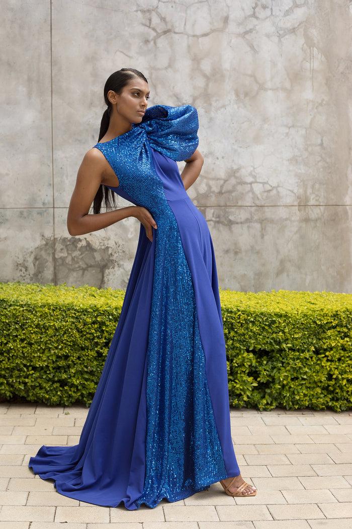 erre Royal Blue One Shoulder Bow Dress