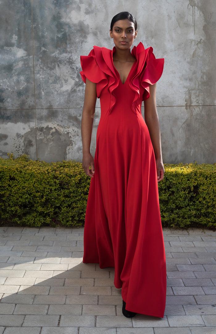 erre Spring 2022 - Red FLOUNCE evening dress