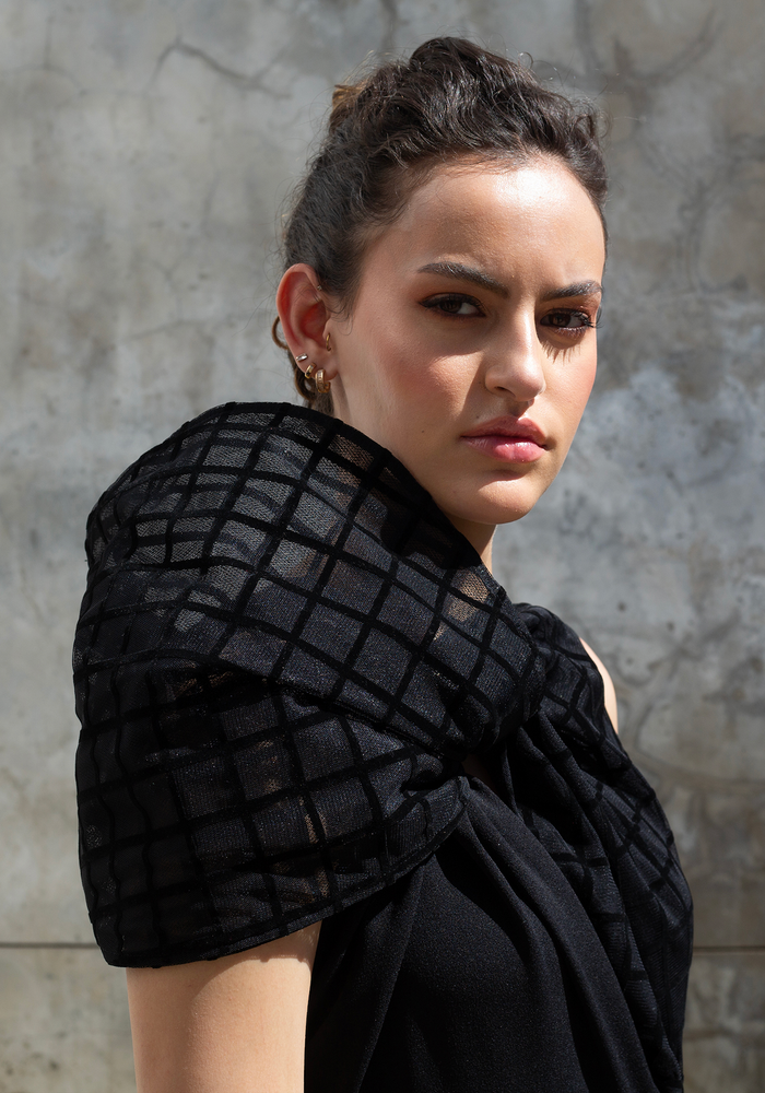 Erre The Asymmetrical Drape Dress - Black Grid Mesh