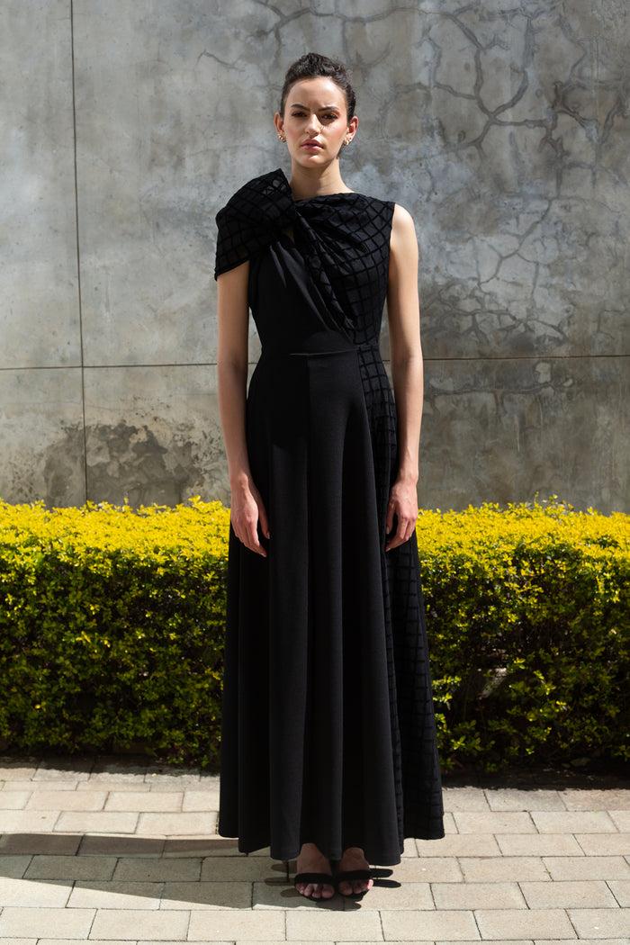 Erre The Asymmetrical Drape Dress - Black Grid Mesh